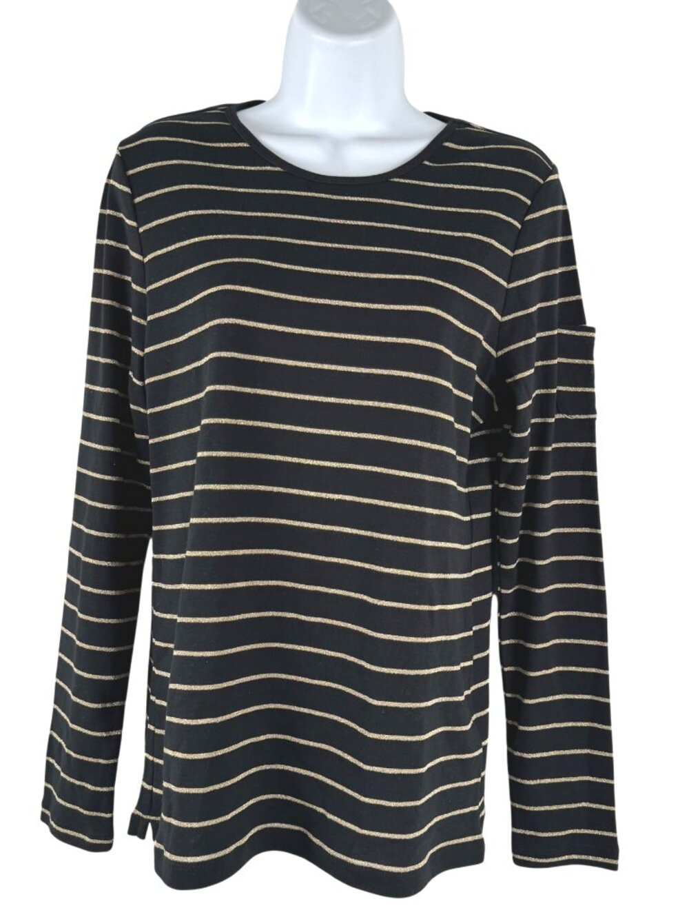 Lauren Ralph Lauren Tee Shirt Large Black Gold Striped Pocket Sleeve NWT TP-4057
